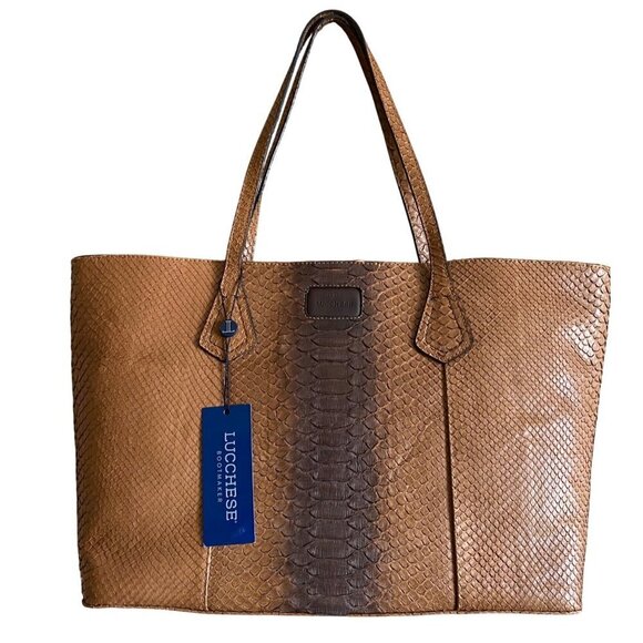 Lucchese Python Tote Bag Brown Exotic Leather Suede Lining Reptile Western Snake - Picture 1 of 13